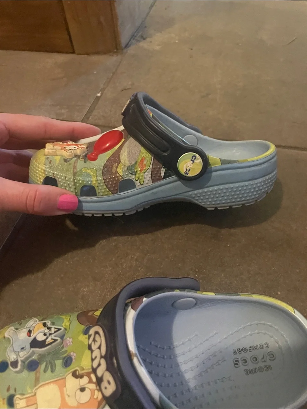 CROCS Kids Clog in Green with Navy Strap and Multicolor Characters